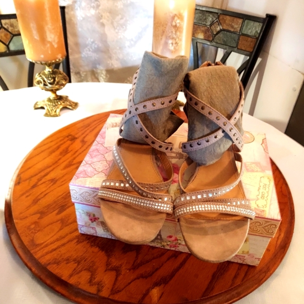 Attention-Emblished Tan Sandles- size 9.5